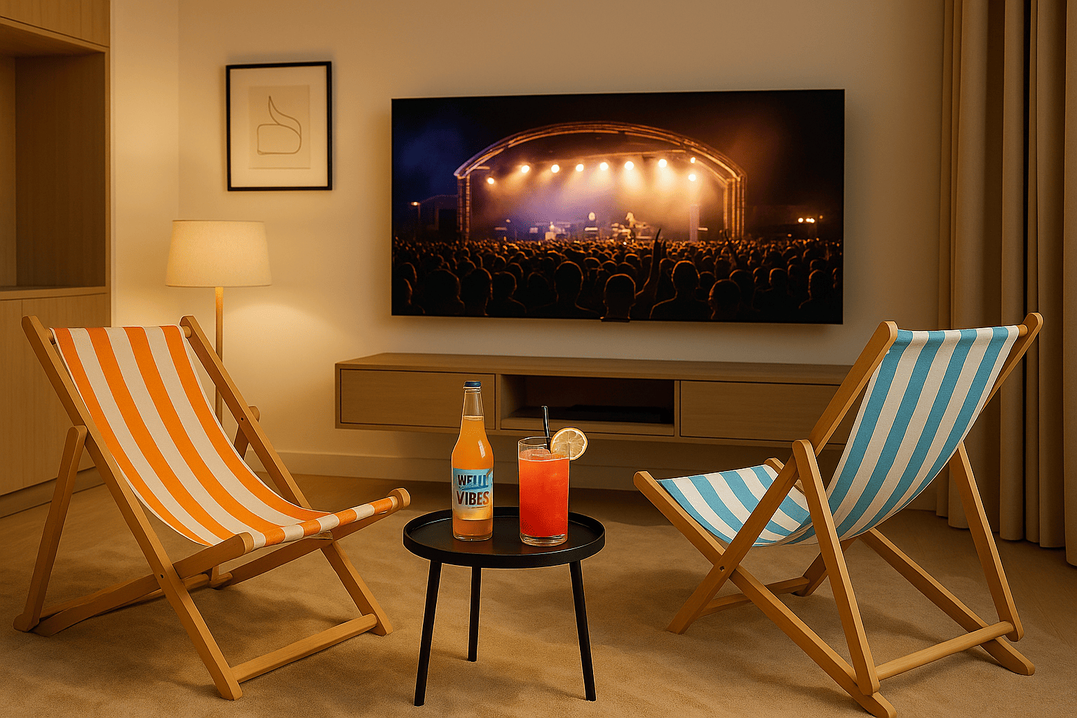Strandstühle vor TV mit Konzertszene und Sommerdrinks im Wohnzimmer