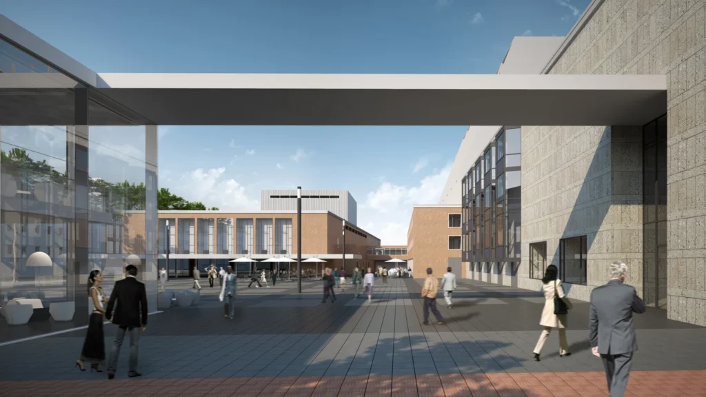 Blick durch das neue Bühnenquartier am Offenbachplatz in Köln