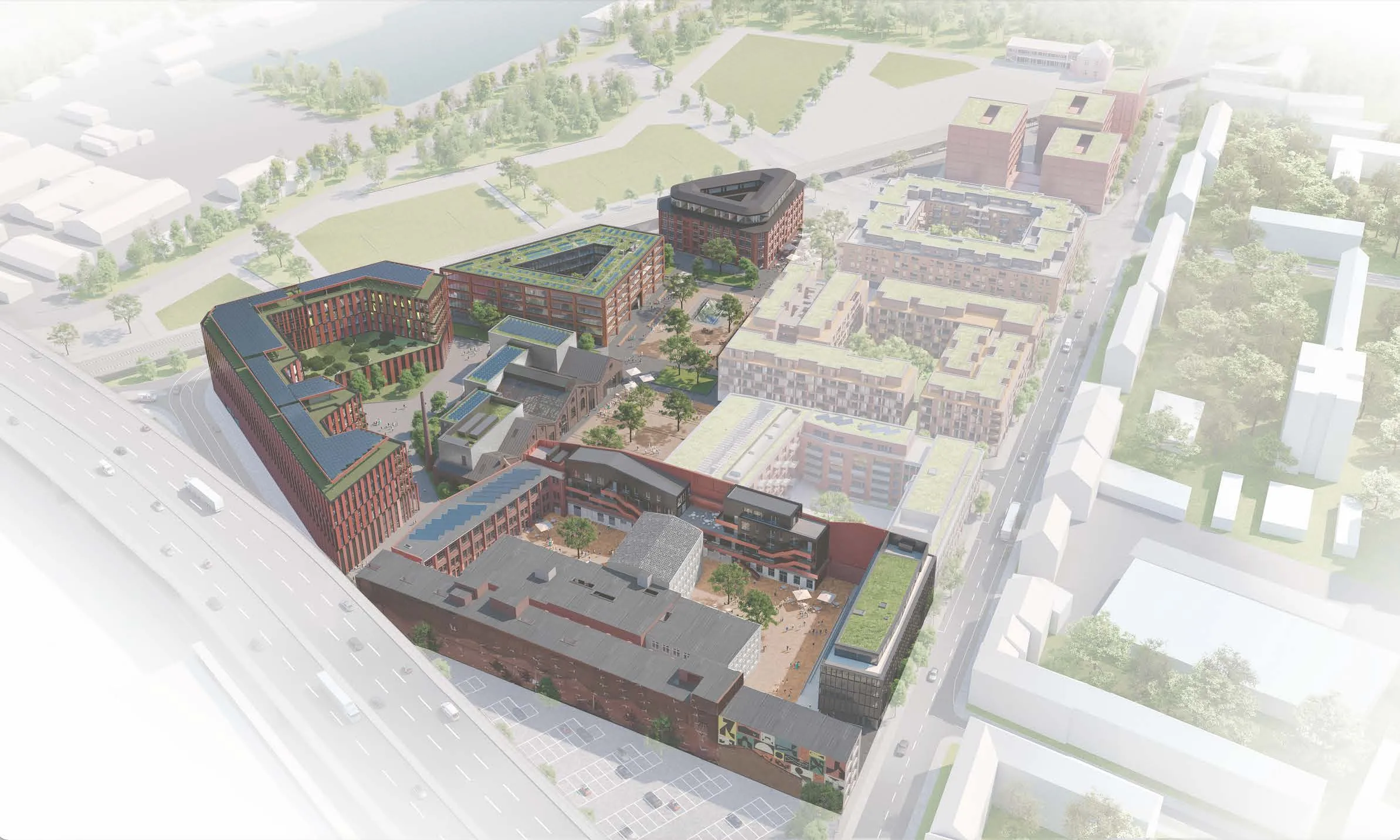 Luftbild-Visualisierung des Cologneo-Campus mit roten Backsteingebäuden, begrünten Dächern und Innenhöfen neben einer Autobahn.