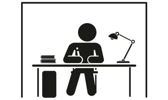 Pictogram: Person at desk in a private room surrounded by four walls