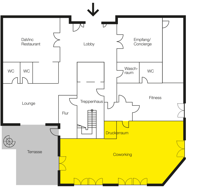 Layout of the ground floor with a yellow-marked coworking area, next to it is the DaVinc restaurant, lobby, reception, lounge, fitness and terrace