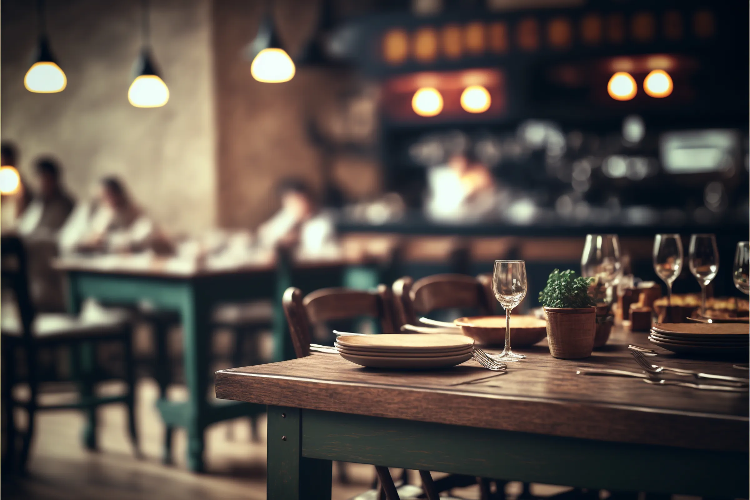 Gemütlicher Restaurantraum mit Holztisch, Gläsern und Tellern im Vordergrund und warmen Hängelampen im Hintergrund.