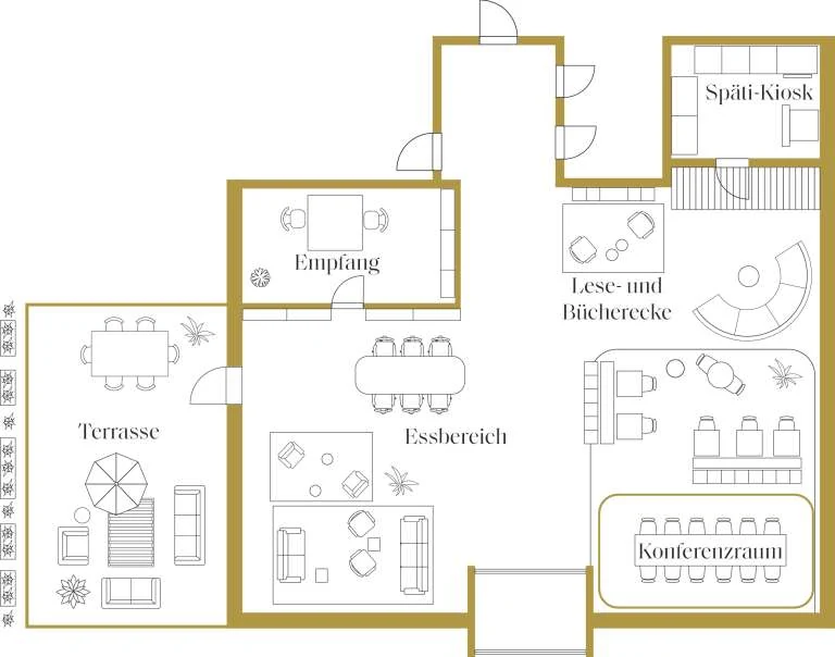 Layout of the lounge with snack bar, reception, dining area, terrace, reading and book corner, and conference room, ipartment Berlin Airport