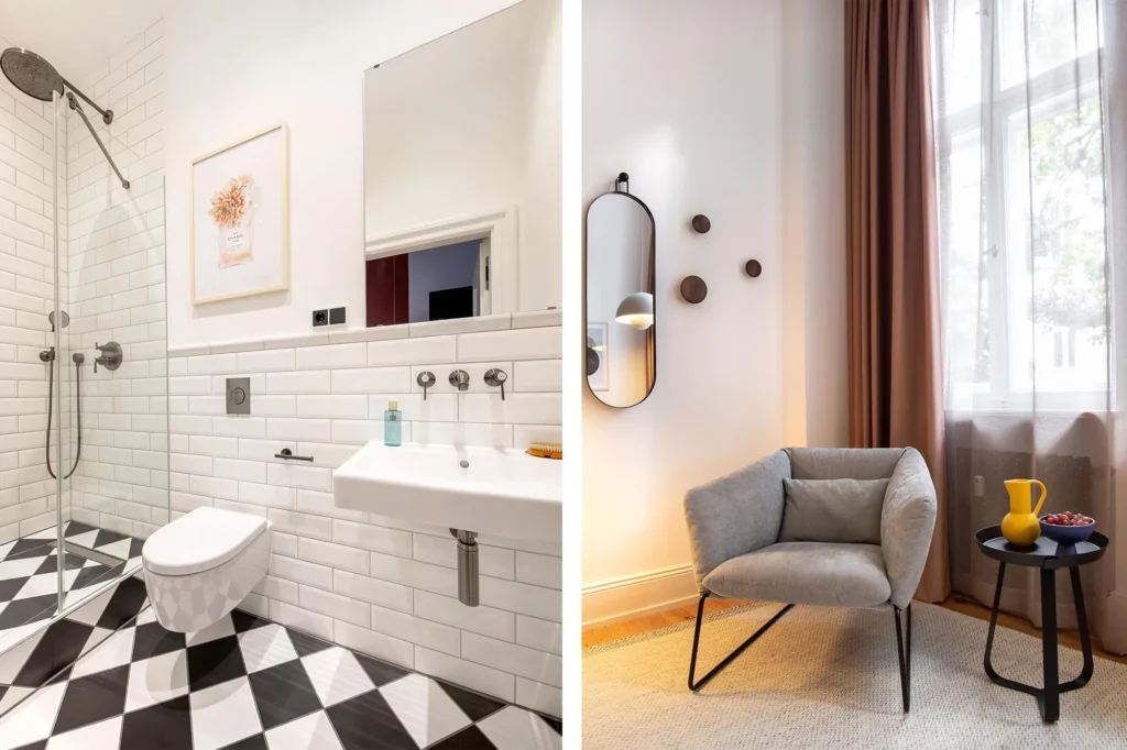 Collage of bathroom with shower and black and white tiles, as well as armchair by the window in the Smart apartment, ipartment Berlin Kurfürstendamm