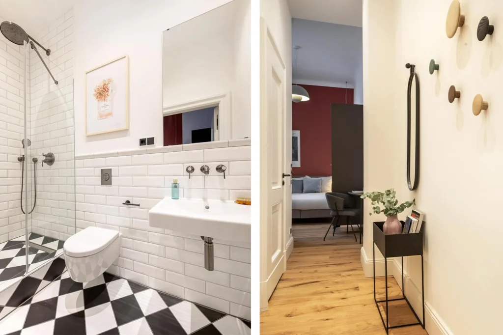 Collage of bathroom with rain shower and subway tiles, as well as entrance area in the Xtra Smart apartment, ipartment Berlin Kurfürstendamm