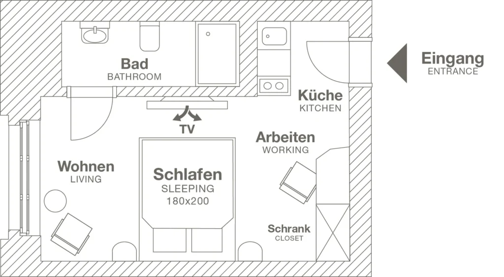 Layout of the Smart apartment (Variant 1), ipartment Berlin Kurfürstendamm