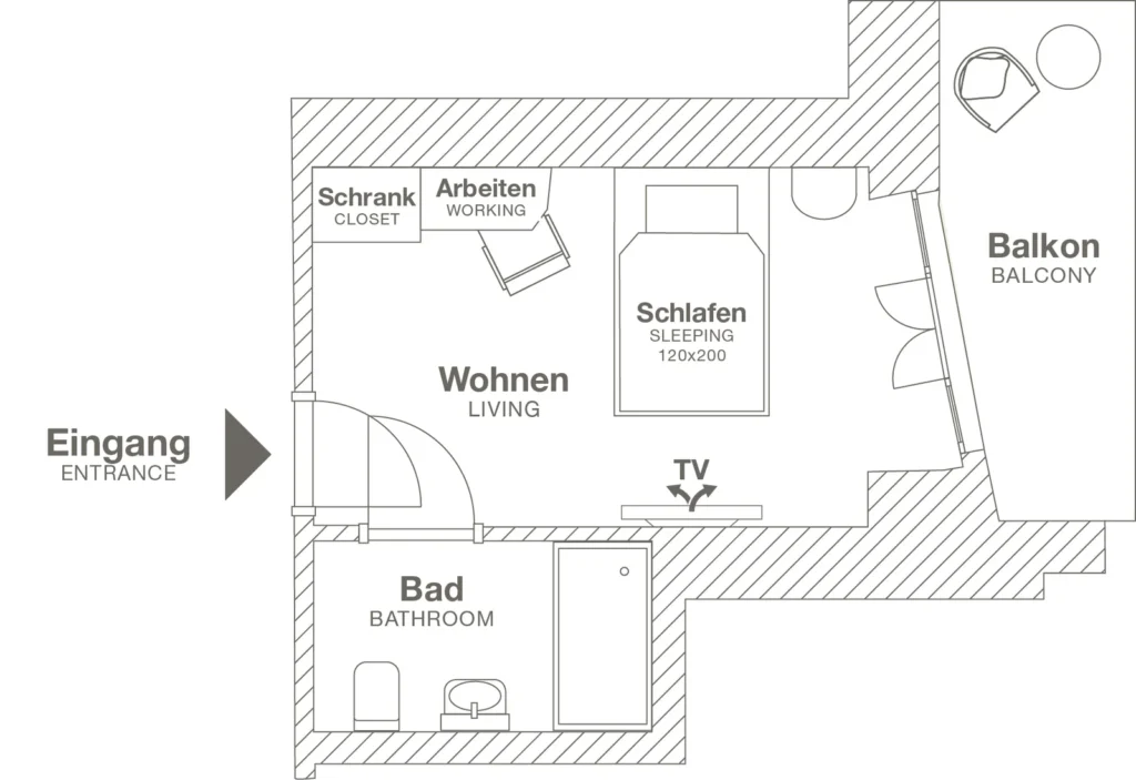 Layout of the Xtra Smart apartment (Variant 1), ipartment Berlin Kurfürstendamm