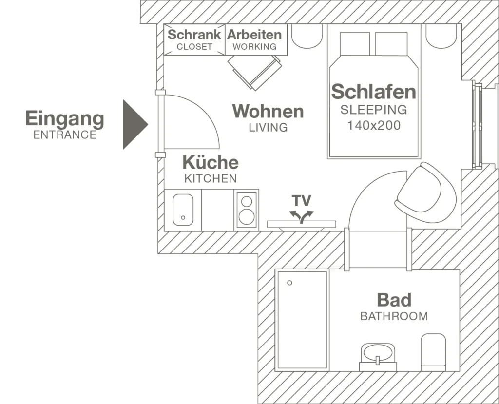 Layout of the Xtra Smart apartment (Variant 2), ipartment Berlin Kurfürstendamm