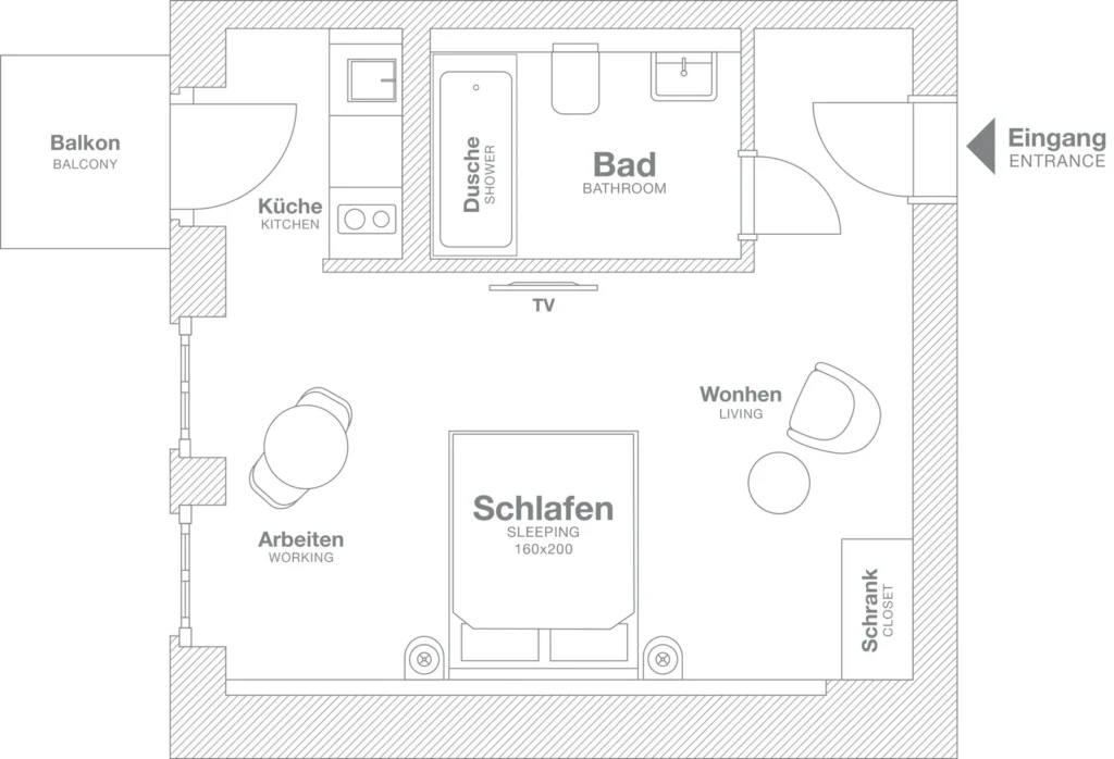 Layout of the Smart+ apartment (Variant 2), ipartment Berlin Mitte