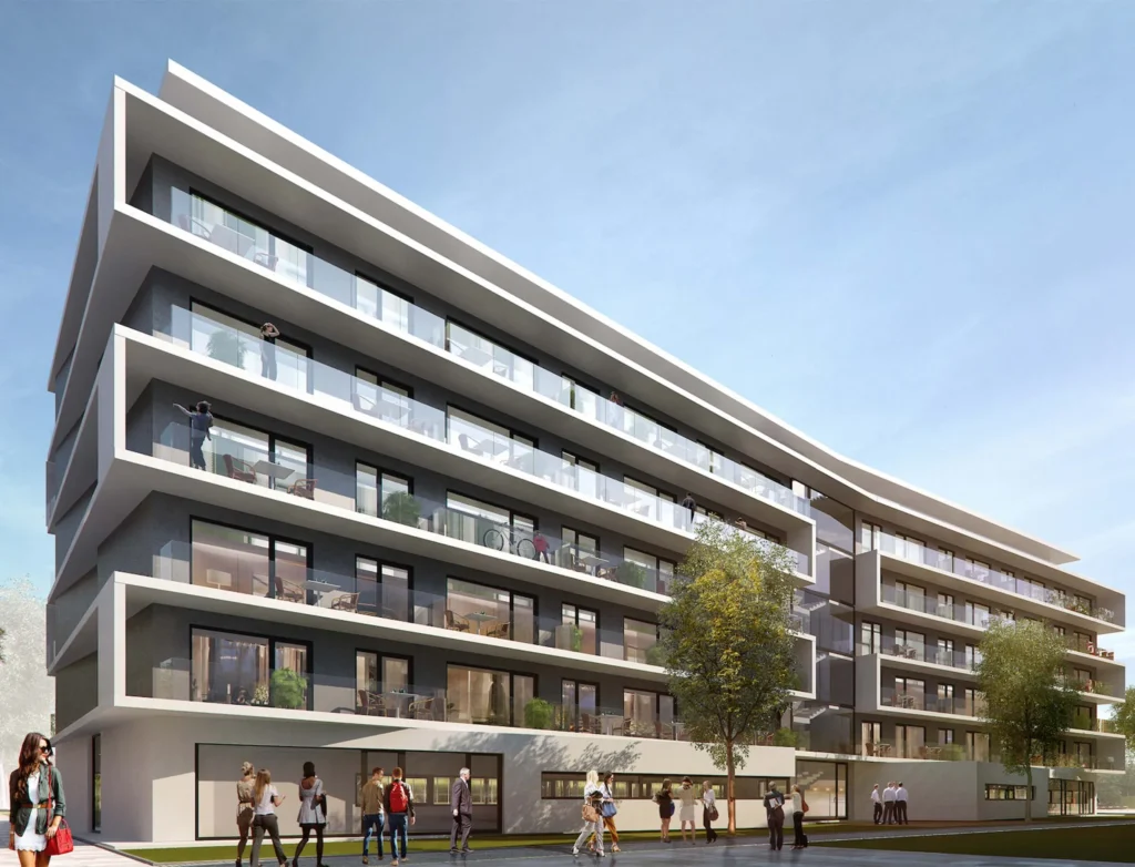 Visualization of the building with surrounding balconies and pedestrians in front of it, ipartment Böblingen-Sindelfingen