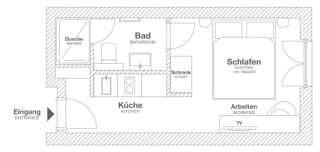 Layout of the Xtra Smart apartment (Variant 1), ipartment Braunschweig