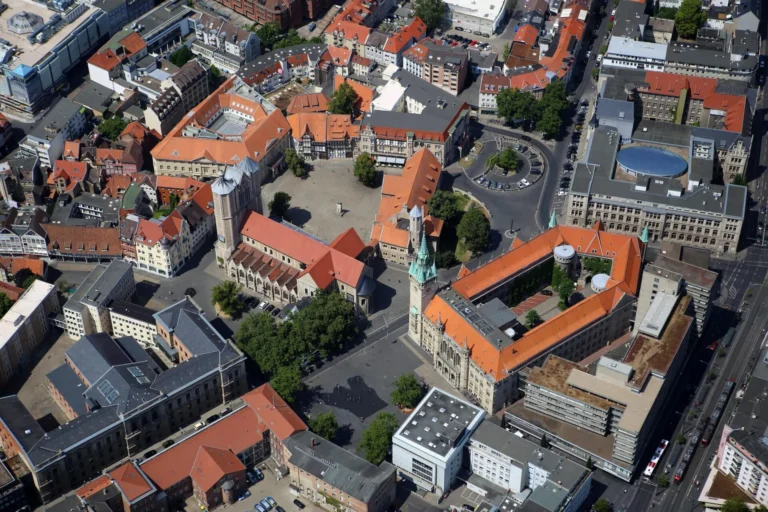 Aerial view of the city center of Braunschweig with Altstadtplatz, red roofs and church towers