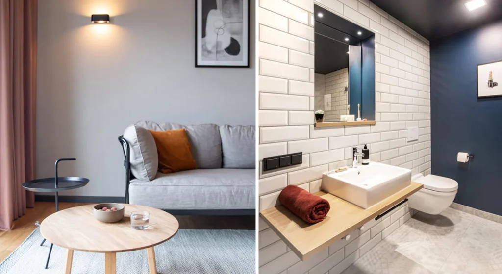 Sofa with side table in the living area and guest bathroom with sink in the Luxury apartment, ipartment Darmstadt