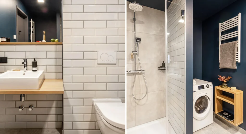 Bathroom with sink, shower, towel heater and washing machine in the Medium apartment, ipartment Darmstadt