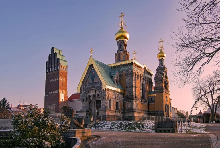 Wedding tower and Russian chapel in the evening light on Mathildenhöhe, Darmstadt