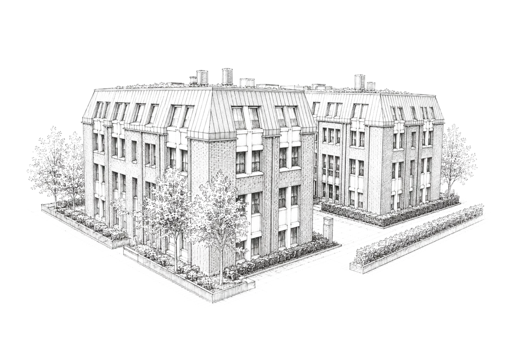 Illustration of the brick house with a mansard roof and hedges in Düsseldorf Oberkassel, ipartment Düsseldorf
