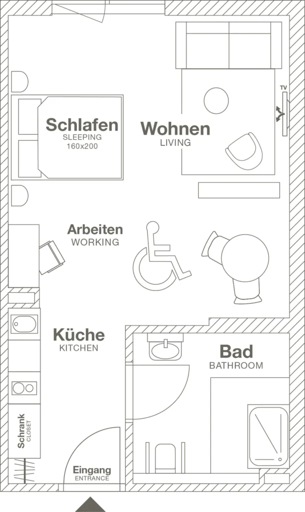 Layout of the Medium apartment (Variant 2), ipartment Frankfurt Airport