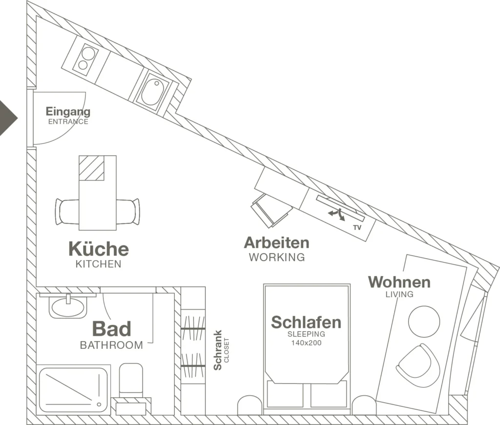 Layout of the Smart apartment (Variant 1), ipartment Frankfurt Airport