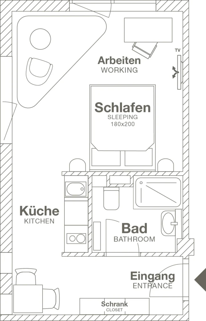 Layout of the Smart apartment (Variant 2), ipartment Frankfurt Airport