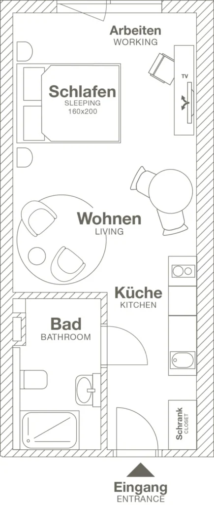 Layout of the Smart apartment (Variant 3), ipartment Frankfurt Airport