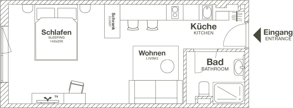 Layout of the Smart apartment (Variant 5), ipartment Frankfurt Airport