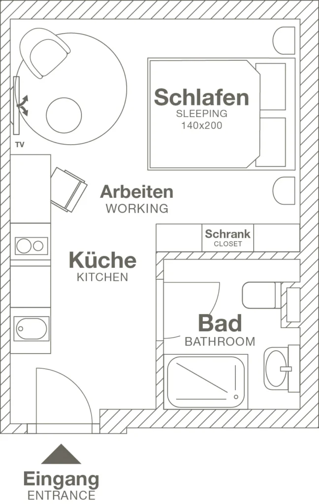 Layout of the Xtra Smart apartment (Variant 1), ipartment Frankfurt Airport