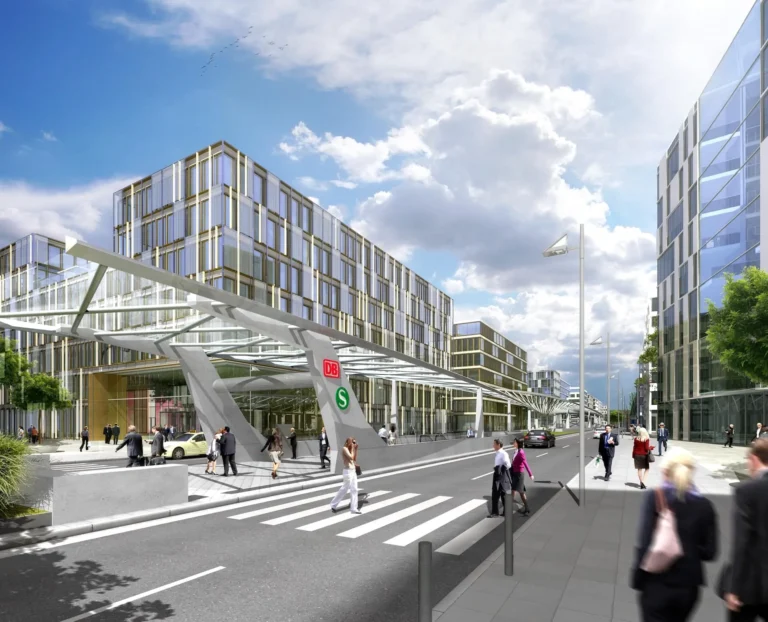 Visualization of the S-Bahn station Gateway Gardens with roads and office buildings, Frankfurt