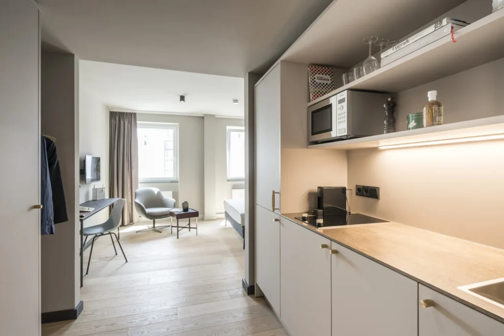 View from the entrance to the kitchenette, work area and armchair in the Smart apartment, ipartment Frankfurt Bahnhofsviertel
