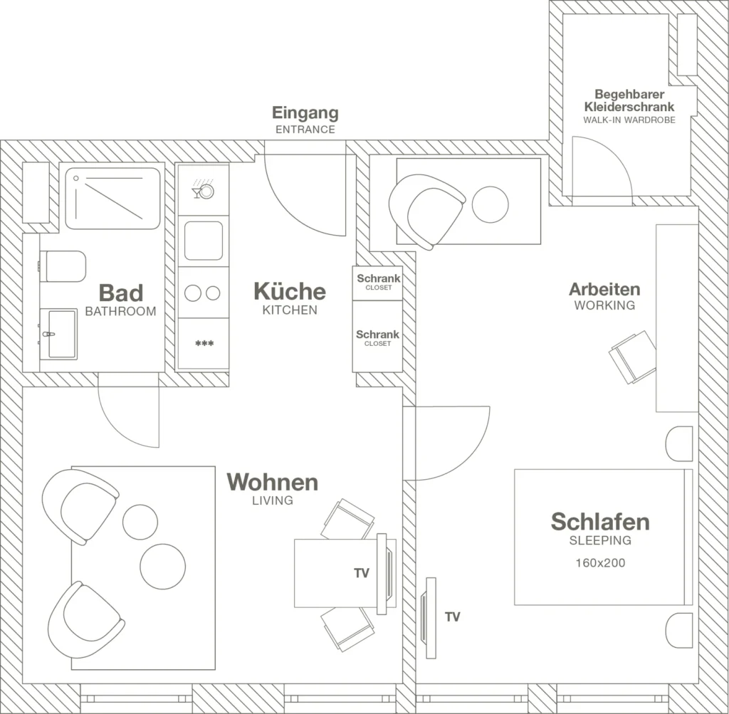 Layout of the Medium apartment, ipartment Frankfurt Bahnhofsviertel