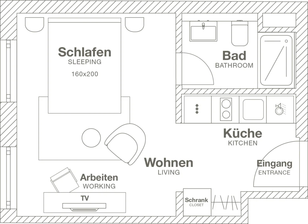Layout of the Smart apartment (Variant 1), ipartment Frankfurt Bahnhofsviertel