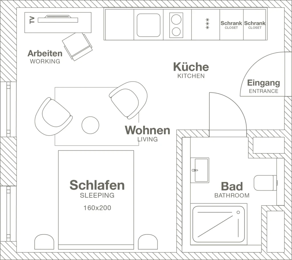 Layout of the Smart apartment (Variant 2), ipartment Frankfurt Bahnhofsviertel