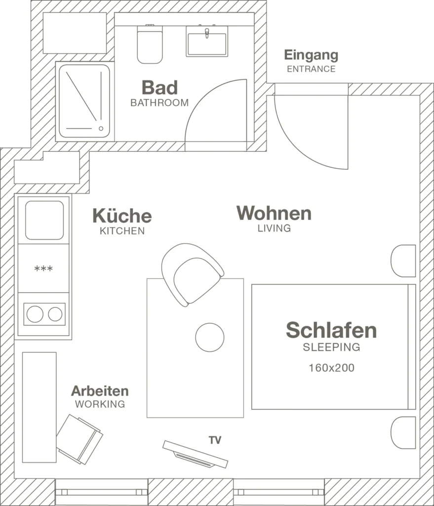 Layout of the Smart apartment (Variant 3), ipartment Frankfurt Bahnhofsviertel