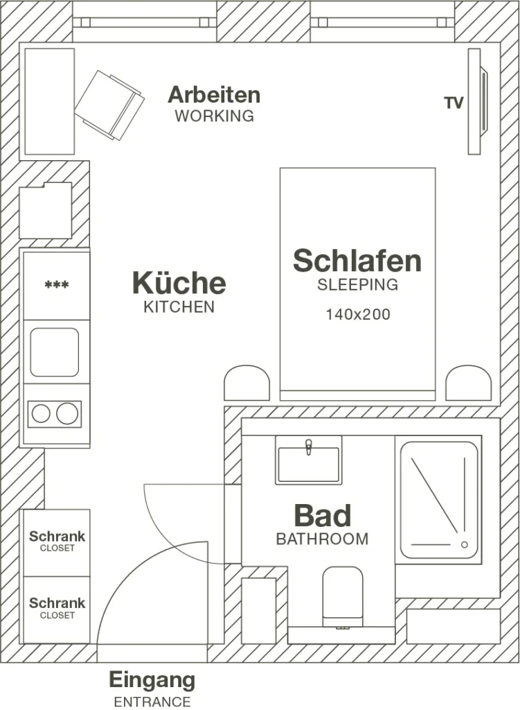 Layout of the Xtra Smart apartment (variant 1), ipartment Frankfurt Bahnhofsviertel