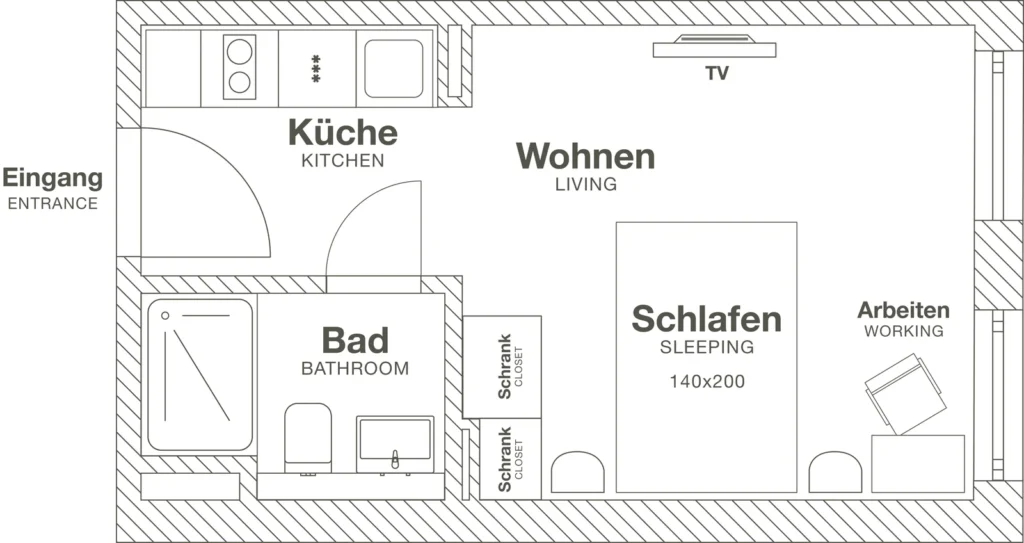 Layout of the Xtra Smart apartment (Variant 2), ipartment Frankfurt Bahnhofsviertel