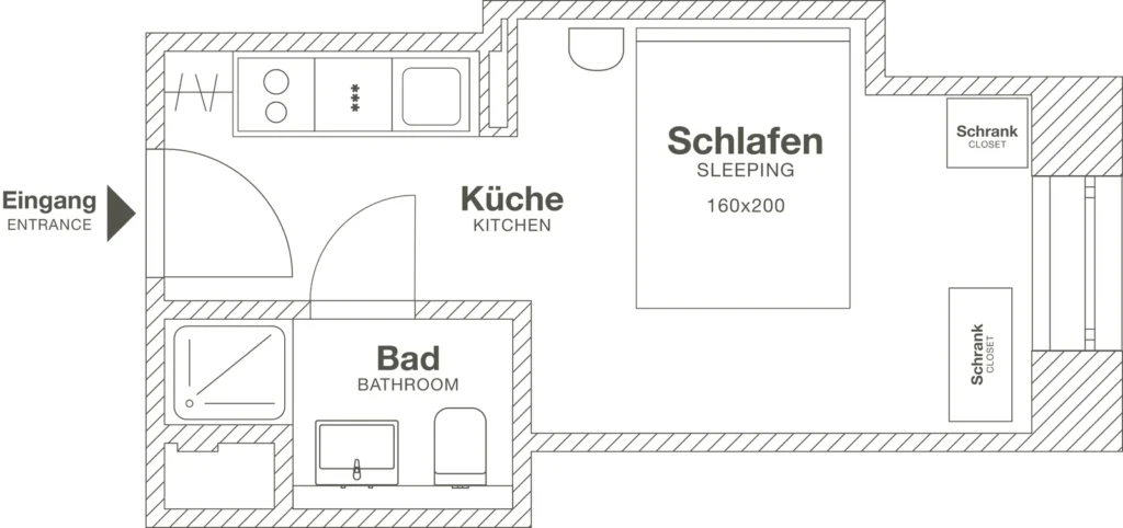 Layout of the Xtra Smart apartment (Variant 3), ipartment Frankfurt Bahnhofsviertel