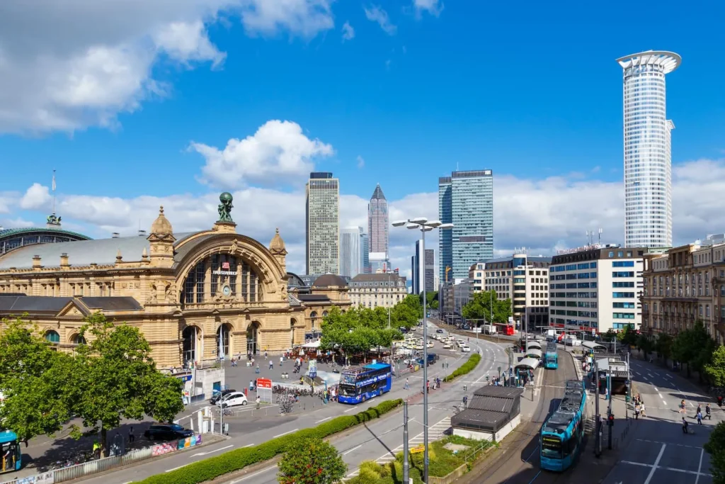 Frankfurt Main Station with trams and skyscrapers in the background, Frankfurt am Main