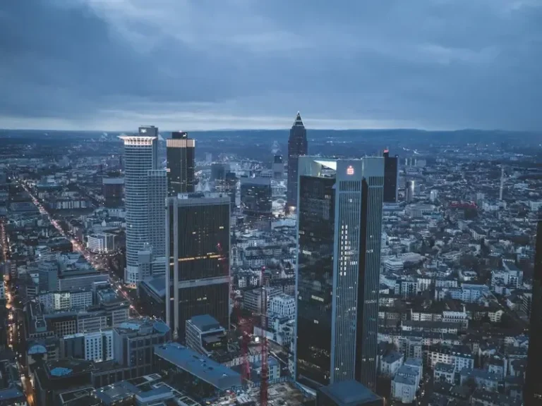 High-rise buildings in the Frankfurt banking district at dusk, Frankfurt am Main