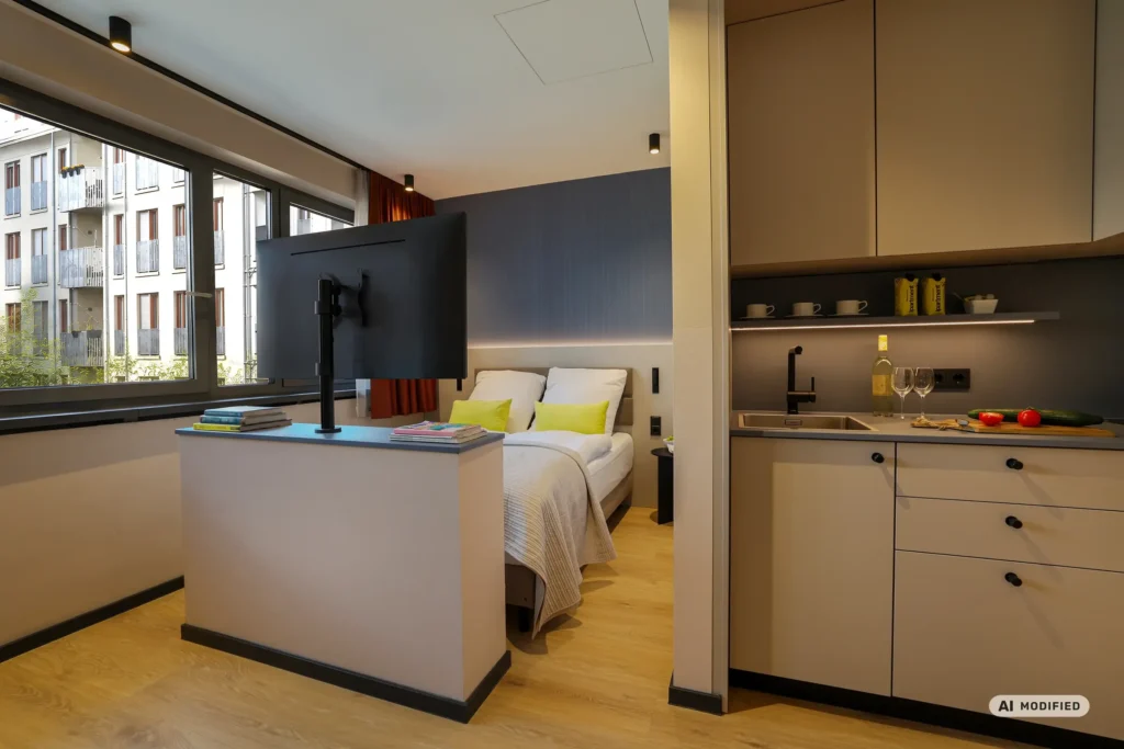 Visualization: Sleeping area with double bed, rotating TV and kitchenette in the apartment, ipartment Frankfurt Eastside