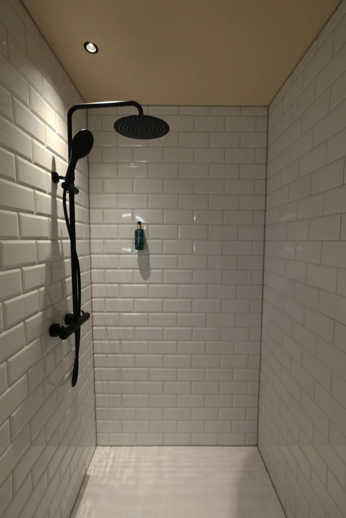 Floor-level shower with a rain shower head and white wall tiles, ipartment Frankfurt Eastside