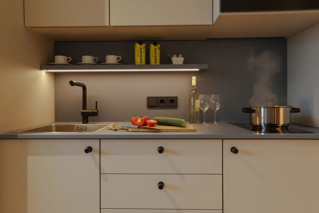 Kitchenette with sink, cooking stove with pot and a shelf with cups, ipartment Frankfurt Eastside