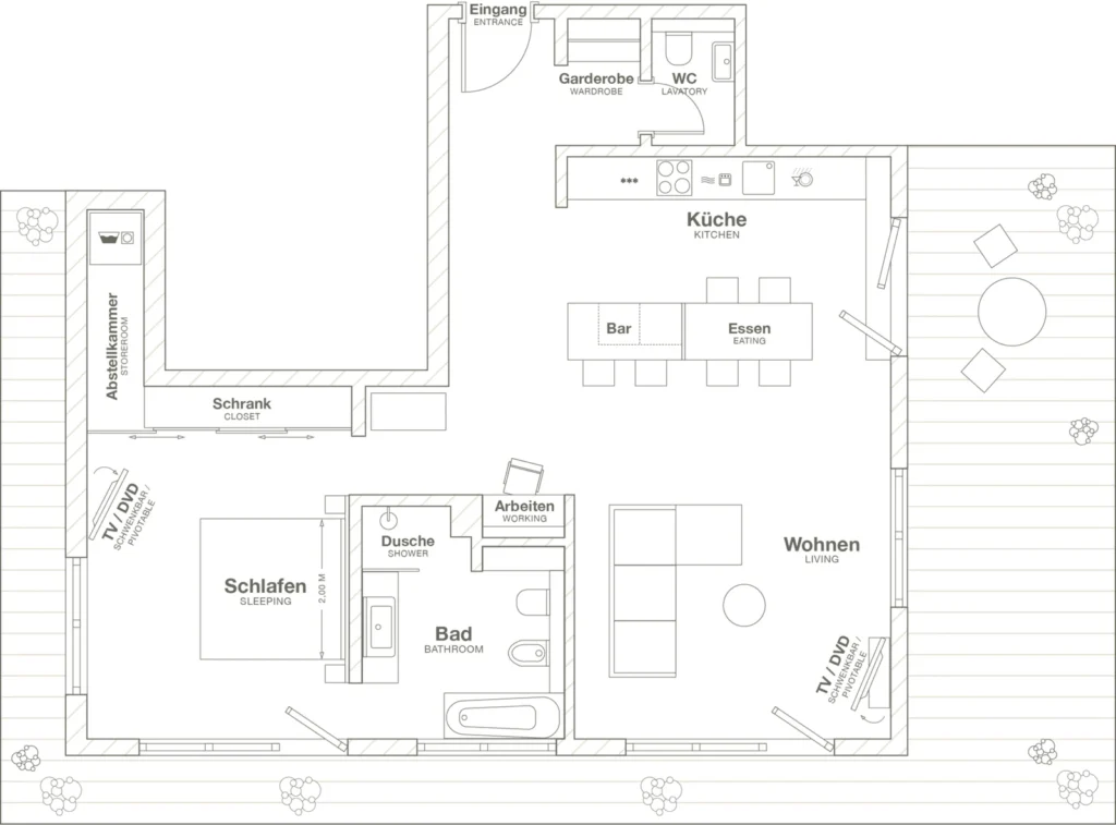 Layout of the Xtra Luxury apartment with a roof terrace, ipartment Frankfurt Europaviertel