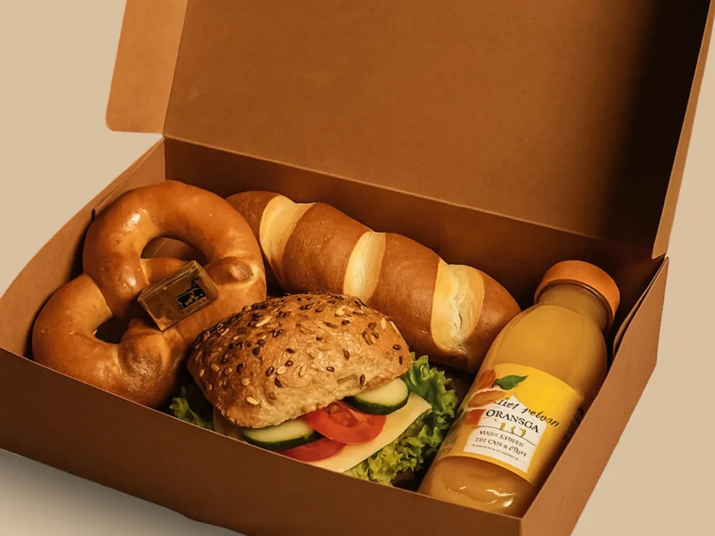 Offene Kartonbox mit Laugenbrezel, Laugenstange, belegtem Körnerbrötchen und einer Flasche Orangensaft.