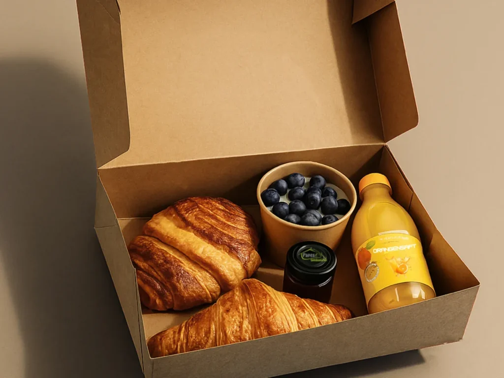 Offene Kartonbox mit zwei Croissants, Joghurt mit Heidelbeeren, Marmelade und einer Flasche Orangensaft.