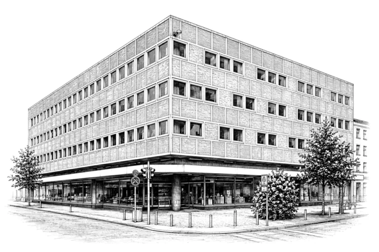 Black-and-white drawing of a corner building with a brick facade, trees and a shopping area, location Fürth