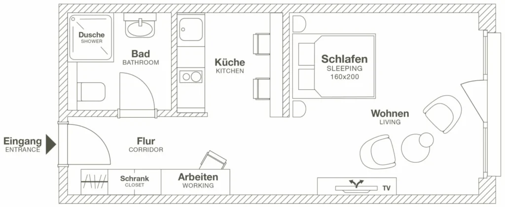 Layout of the Medium apartment (Variant 2), ipartment Hamburg Eimsbüttel