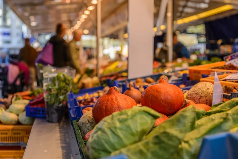 Market stall with pumpkins and cabbage, in the background market visitors, Hamburg Eimsbüttel