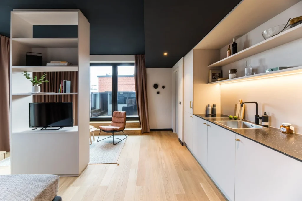 Kitchenette with shelves and view of the seating area in Apartment M, apartment Hamburg HafenCity