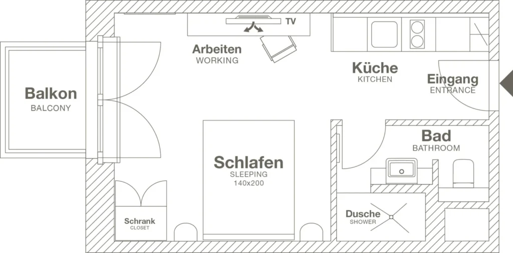 Layout of the Smart apartment (Variant 1), ipartment Hamburg HafenCity