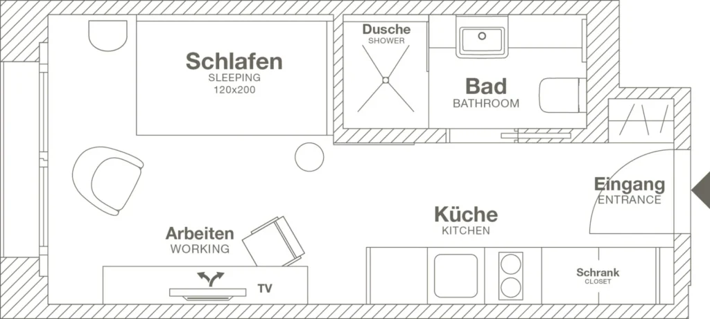 Layout of the Xtra Smart apartment (Variant 1), ipartment Hamburg HafenCity