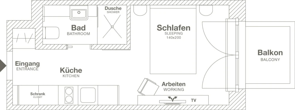 Layout of the Xtra Smart apartment (Variant 3), ipartment Hamburg HafenCity